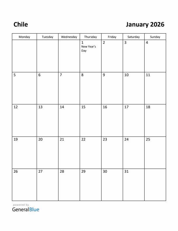 January 2026 Calendar with Chile Holidays
