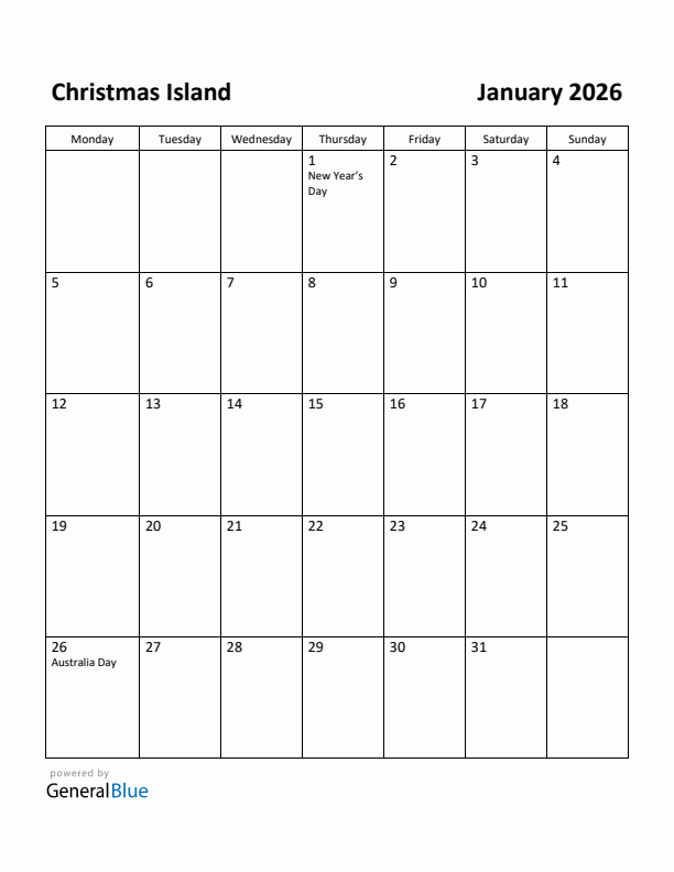 January 2026 Calendar with Christmas Island Holidays