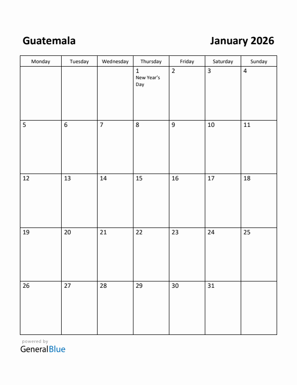 January 2026 Calendar with Guatemala Holidays