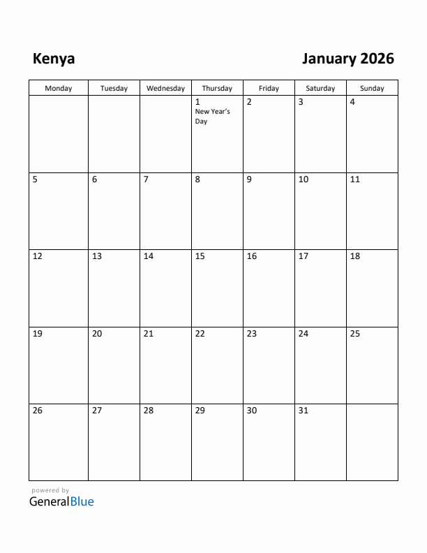 January 2026 Calendar with Kenya Holidays