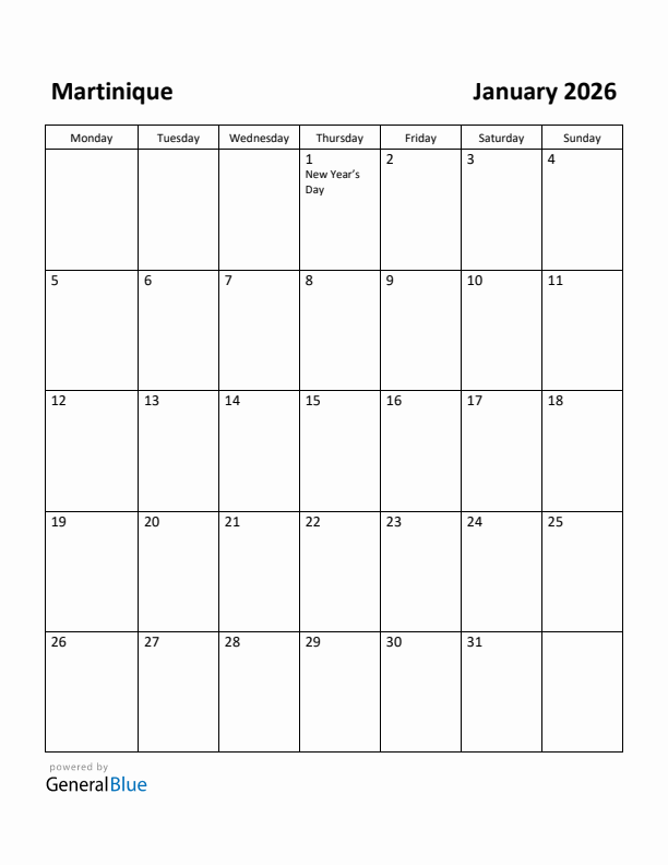 January 2026 Calendar with Martinique Holidays