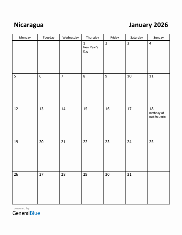 January 2026 Calendar with Nicaragua Holidays