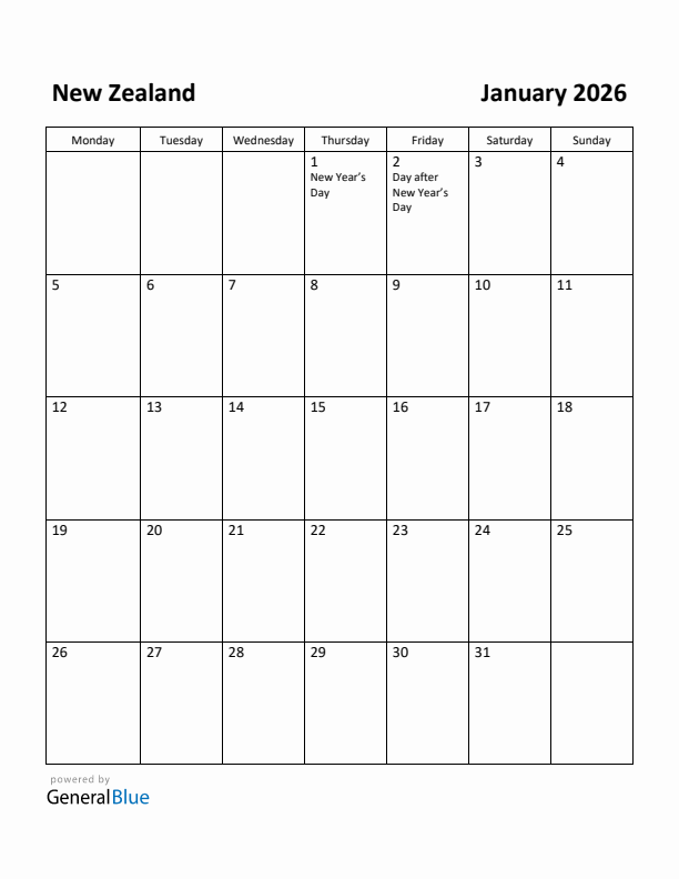 January 2026 Calendar with New Zealand Holidays