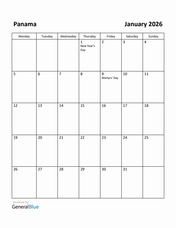 January 2026 Calendar with Panama Holidays