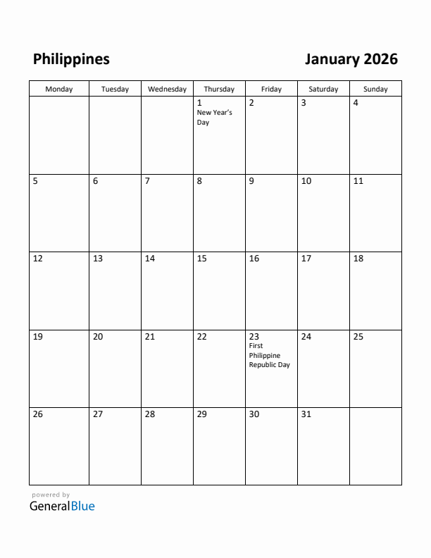 January 2026 Calendar with Philippines Holidays