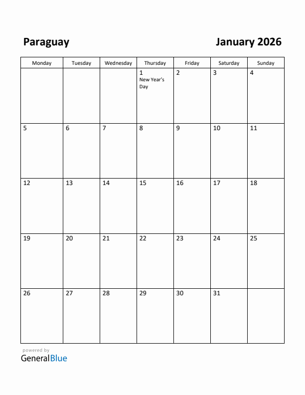 January 2026 Calendar with Paraguay Holidays