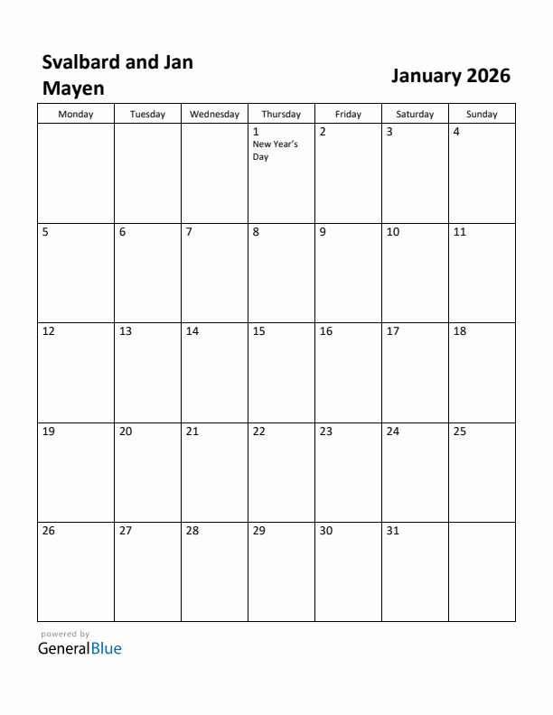 January 2026 Calendar with Svalbard and Jan Mayen Holidays