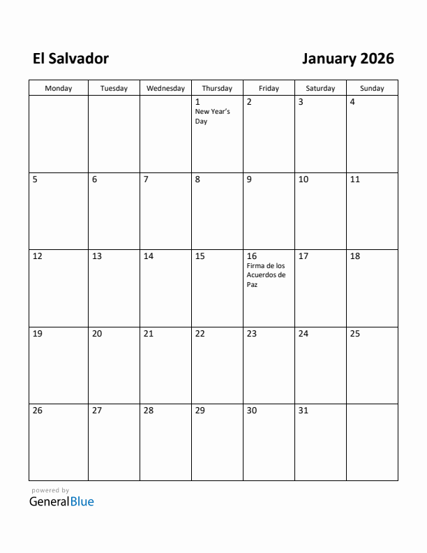 January 2026 Calendar with El Salvador Holidays