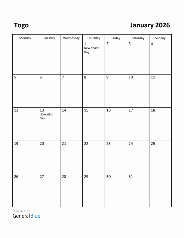 January 2026 Calendar with Togo Holidays
