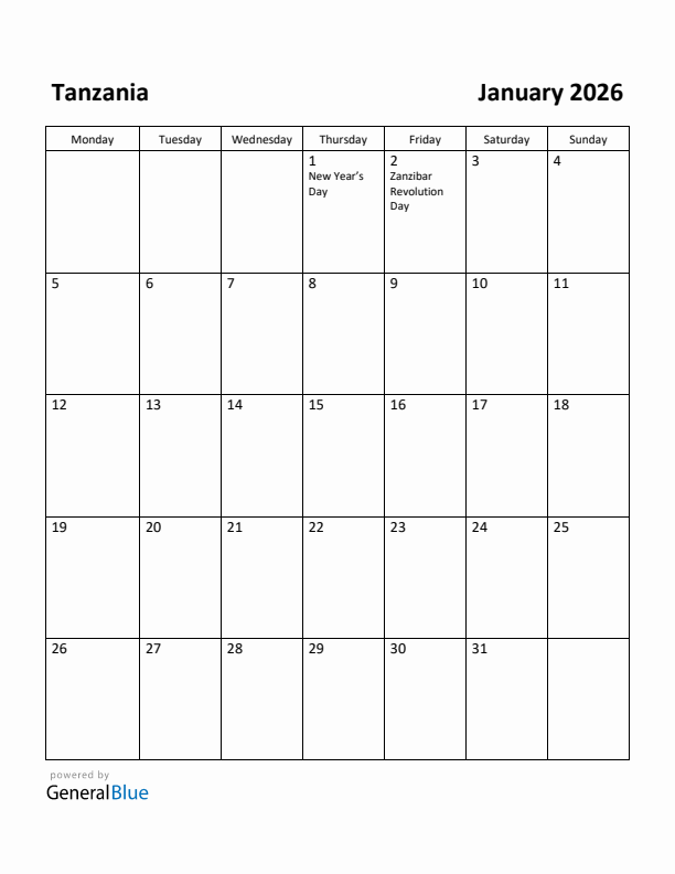 January 2026 Calendar with Tanzania Holidays