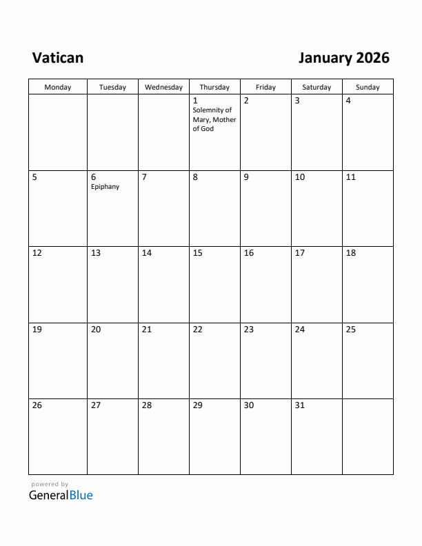 January 2026 Calendar with Vatican Holidays