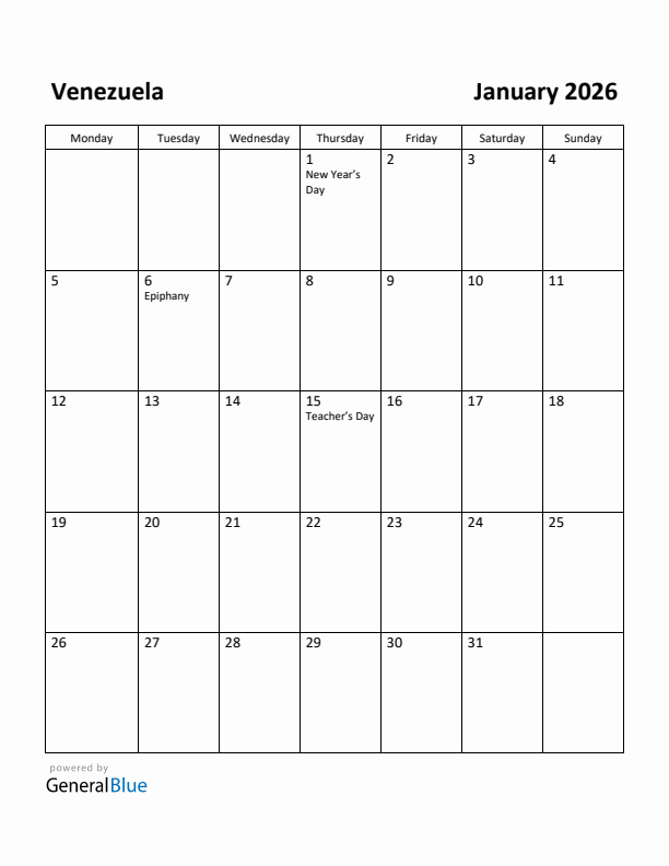 January 2026 Calendar with Venezuela Holidays