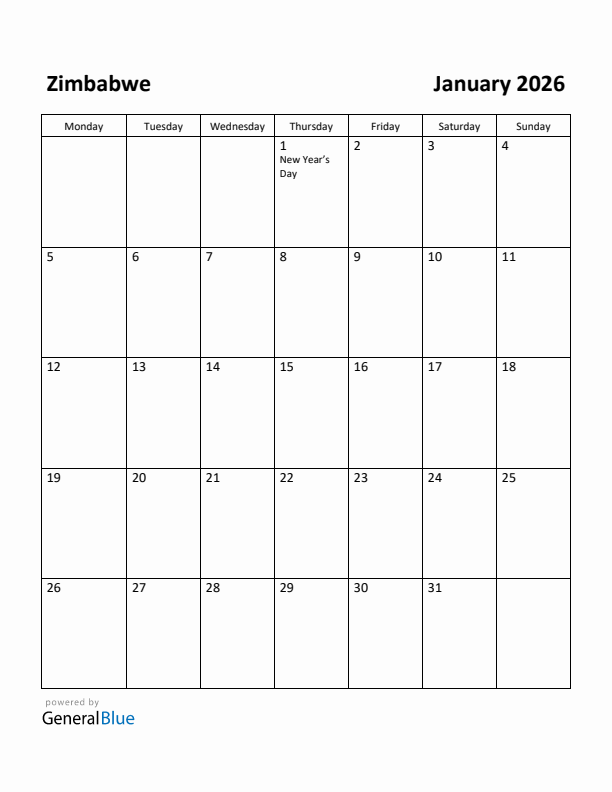 January 2026 Calendar with Zimbabwe Holidays