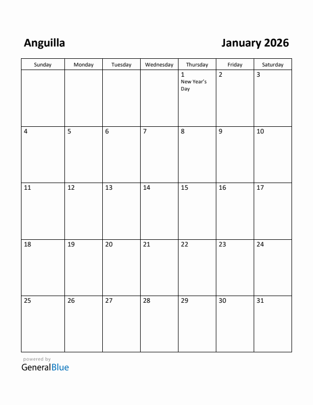 January 2026 Calendar with Anguilla Holidays