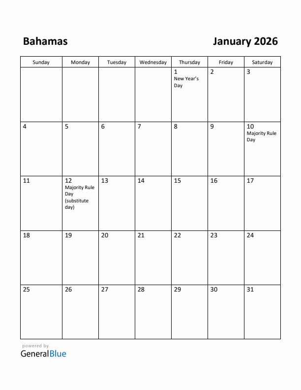 January 2026 Calendar with Bahamas Holidays