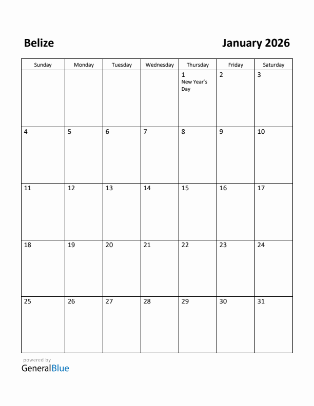 January 2026 Calendar with Belize Holidays
