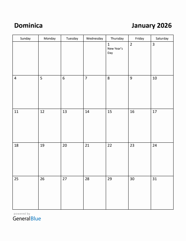 January 2026 Calendar with Dominica Holidays