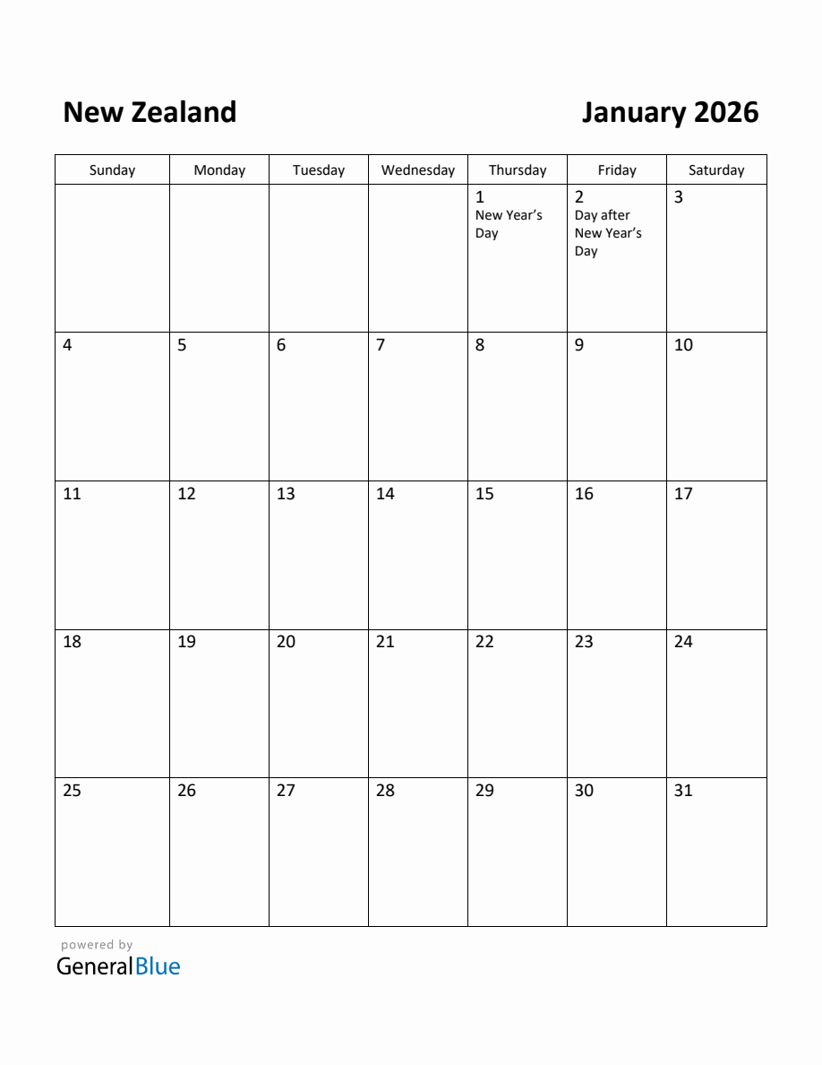 Free Printable January 2026 Calendar for New Zealand