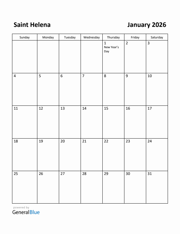 January 2026 Calendar with Saint Helena Holidays