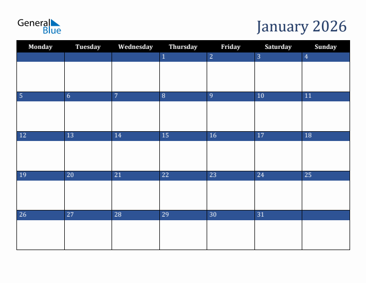 Monday Start Calendar for January 2026