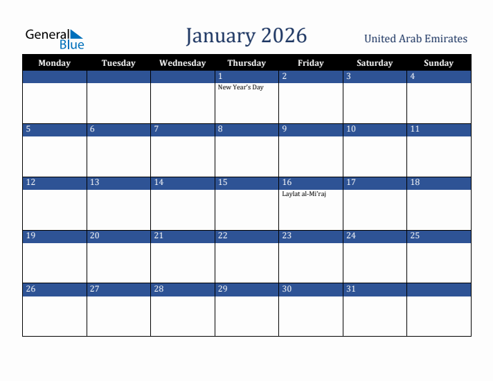 January 2026 United Arab Emirates Calendar (Monday Start)