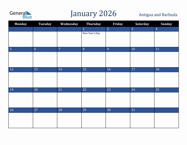 January 2026 Antigua and Barbuda Calendar (Monday Start)