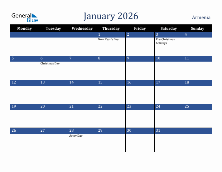 January 2026 Armenia Calendar (Monday Start)