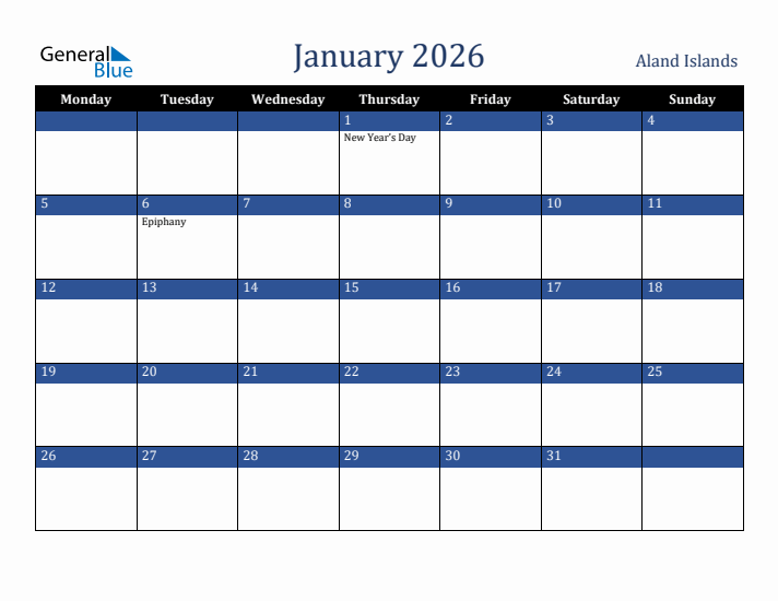 January 2026 Aland Islands Calendar (Monday Start)