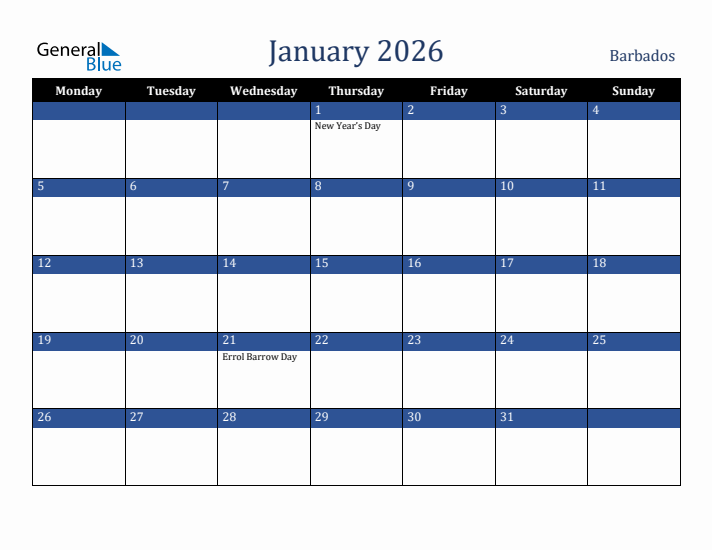 January 2026 Barbados Calendar (Monday Start)