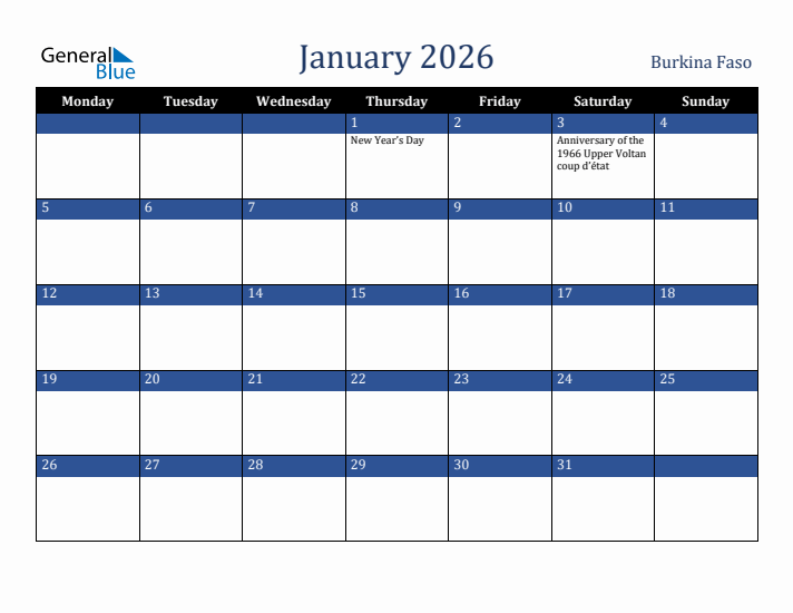 January 2026 Burkina Faso Calendar (Monday Start)