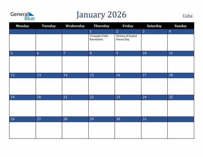 January 2026 Cuba Calendar (Monday Start)