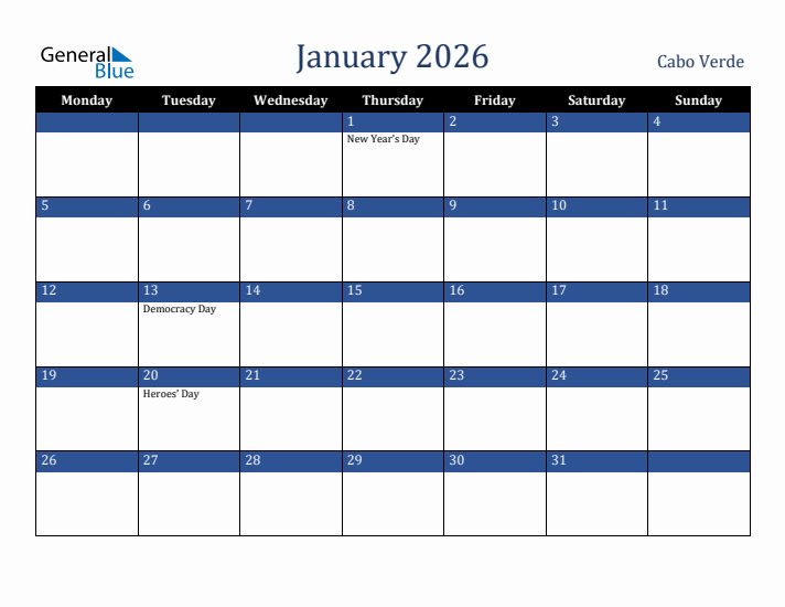 January 2026 Cabo Verde Calendar (Monday Start)