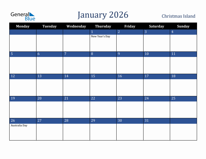 January 2026 Christmas Island Calendar (Monday Start)