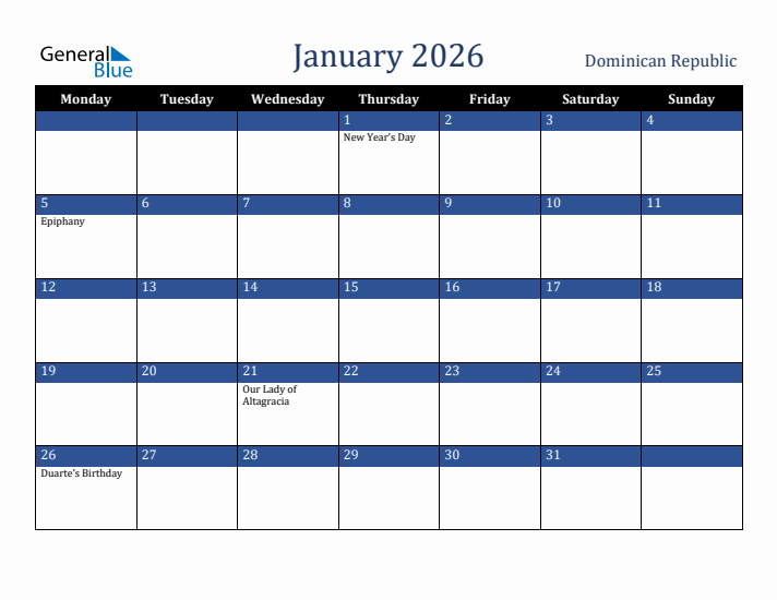 January 2026 Dominican Republic Calendar (Monday Start)
