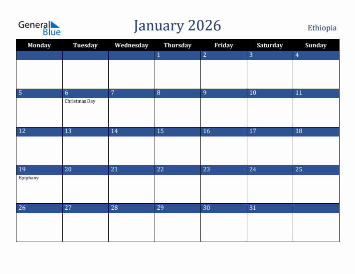 January 2026 Ethiopia Calendar (Monday Start)