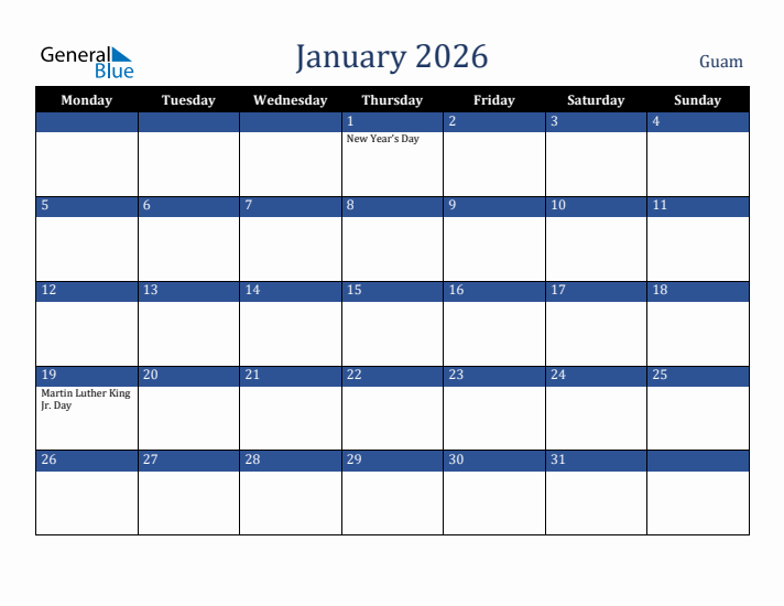 January 2026 Guam Calendar (Monday Start)