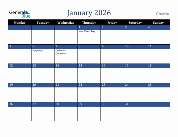 January 2026 Croatia Calendar (Monday Start)