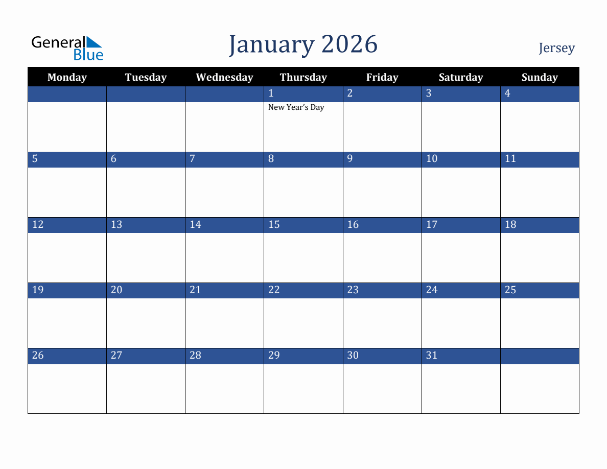 January 2026 Jersey Holiday Calendar