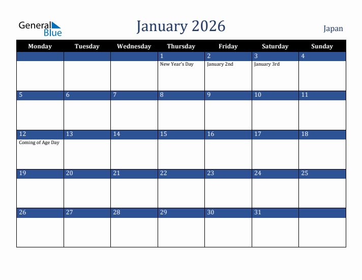 January 2026 Japan Calendar (Monday Start)