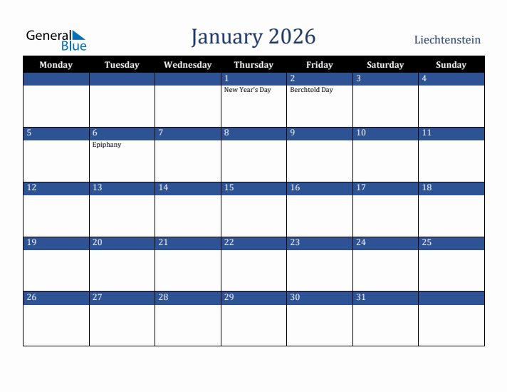 January 2026 Liechtenstein Calendar (Monday Start)