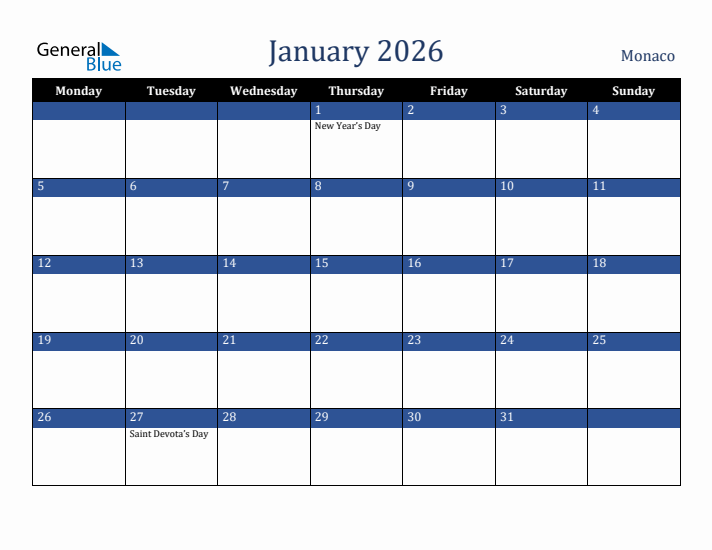 January 2026 Monaco Calendar (Monday Start)