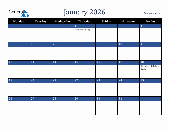 January 2026 Nicaragua Calendar (Monday Start)