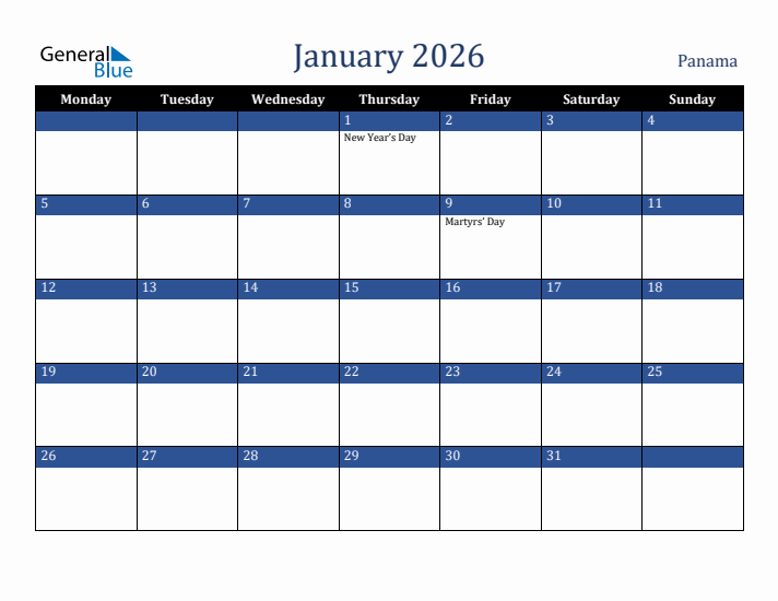January 2026 Panama Calendar (Monday Start)