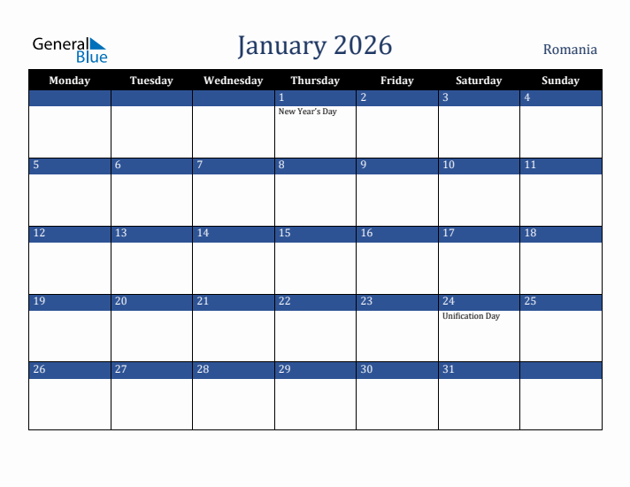 January 2026 Romania Calendar (Monday Start)