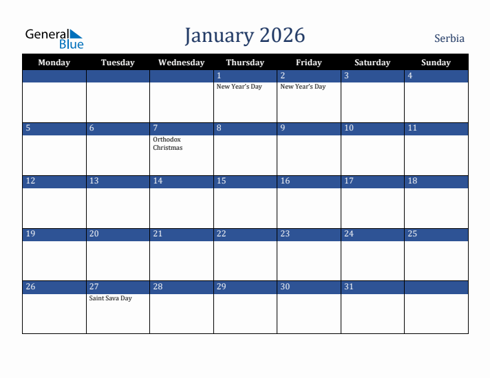 January 2026 Serbia Calendar (Monday Start)