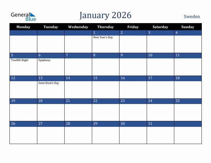 January 2026 Sweden Calendar (Monday Start)