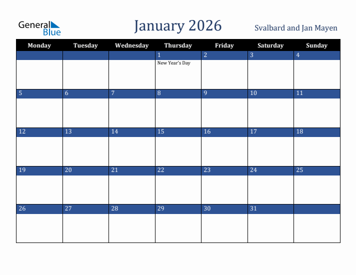 January 2026 Svalbard and Jan Mayen Calendar (Monday Start)