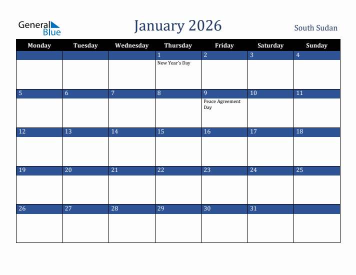 January 2026 South Sudan Calendar (Monday Start)