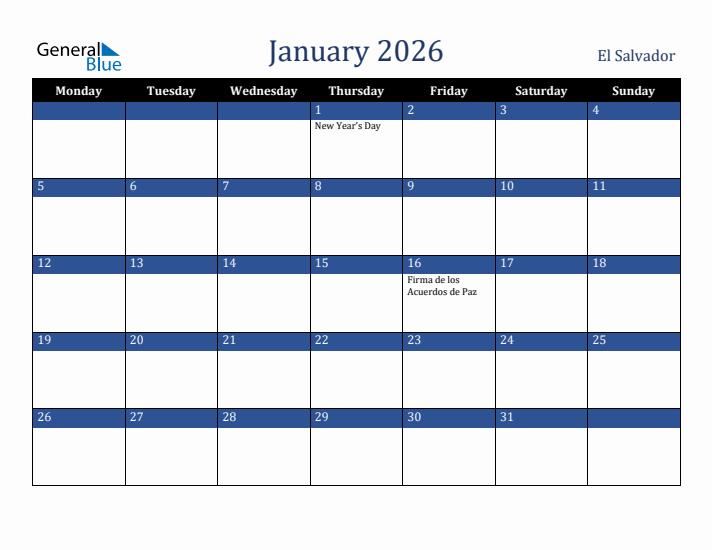 January 2026 El Salvador Calendar (Monday Start)