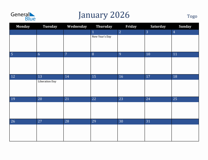 January 2026 Togo Calendar (Monday Start)